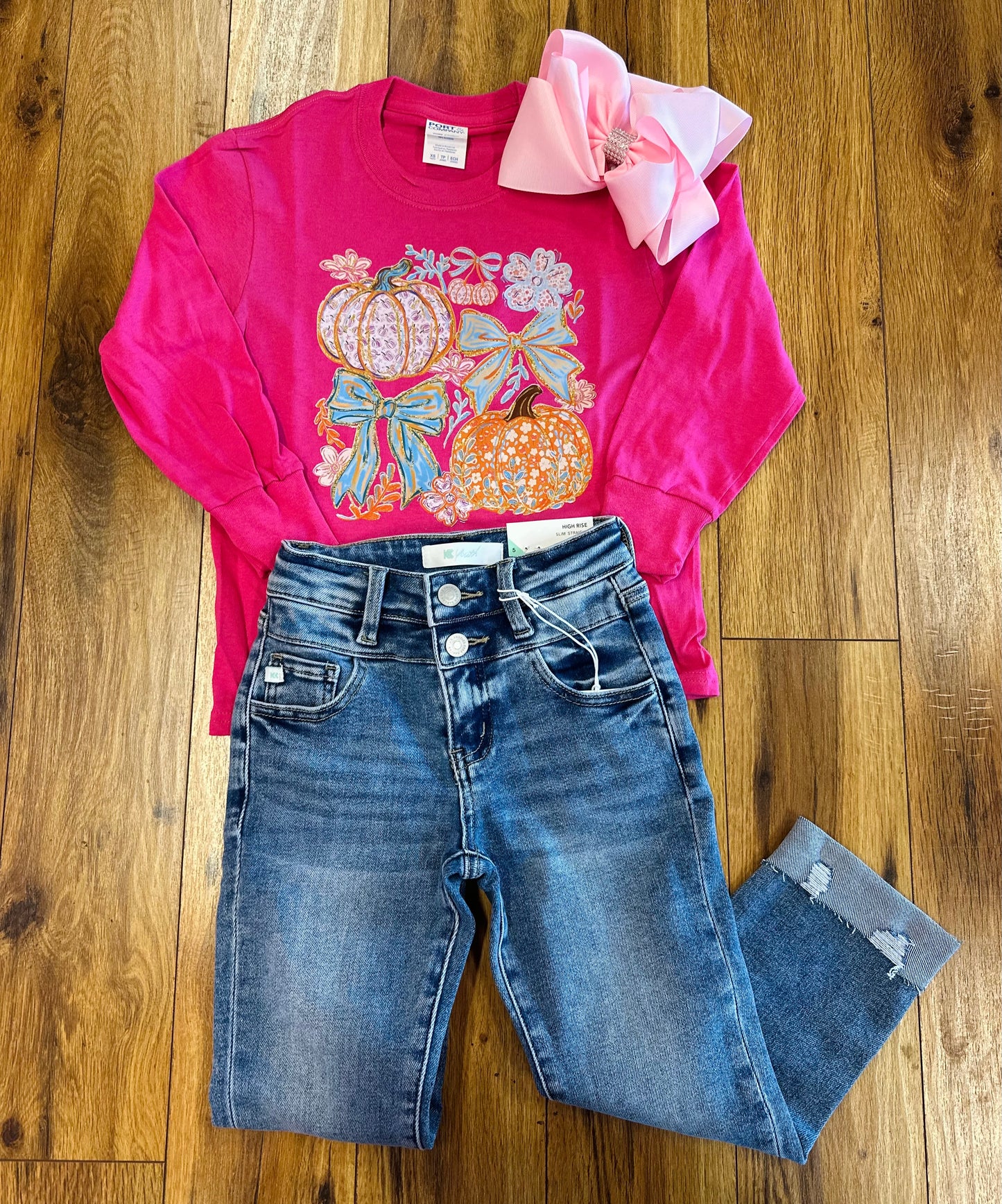 Kids Pink Pumpkin & Bow LS Tee