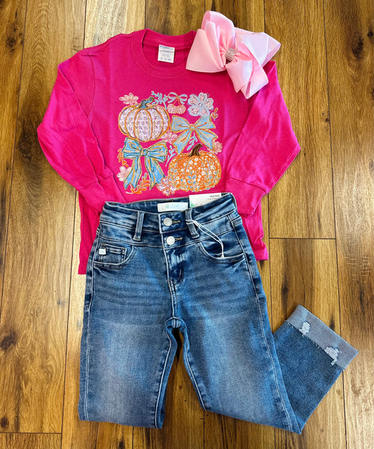 Kids Pink Pumpkin & Bow LS Tee
