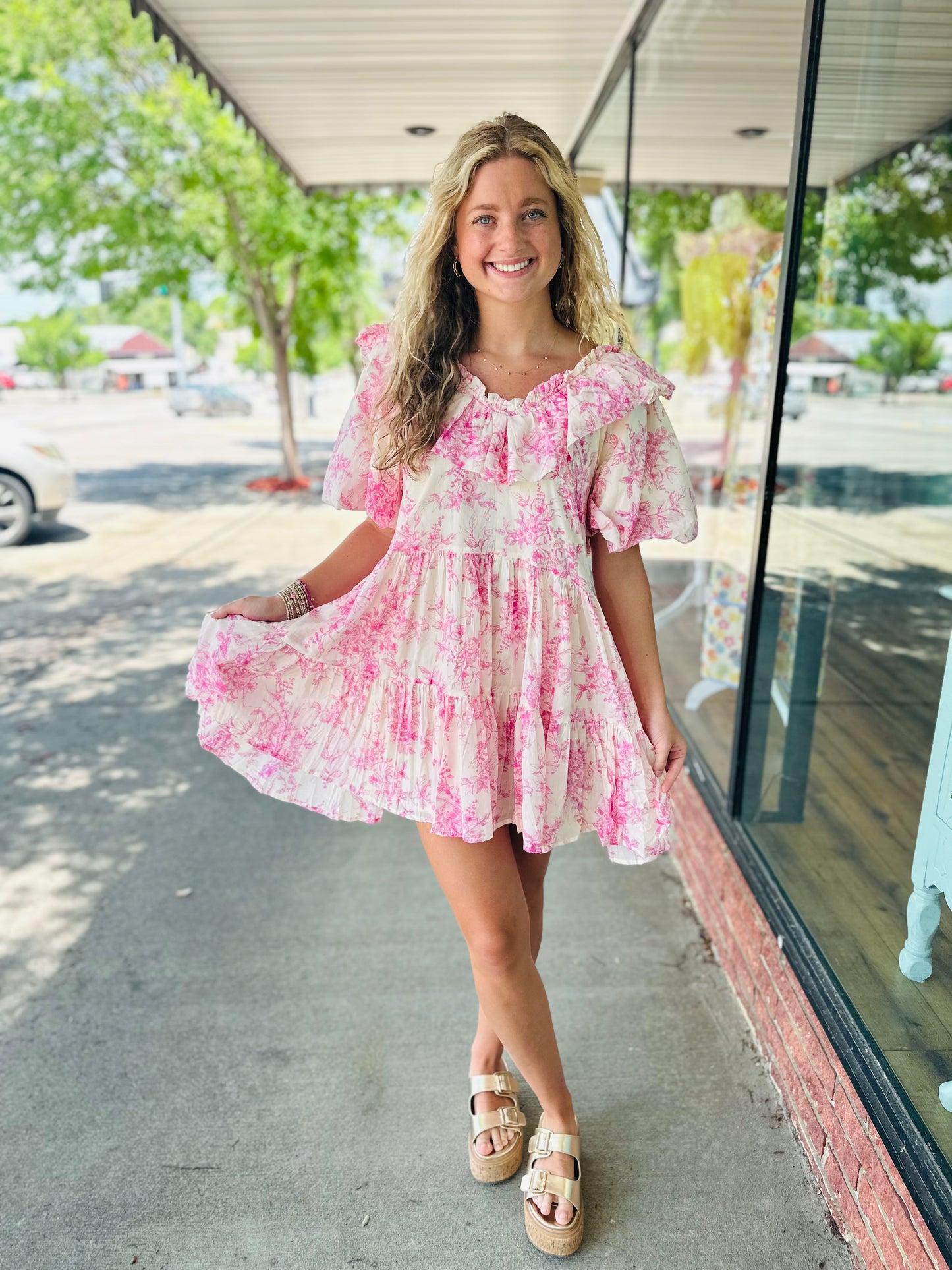 Off White Pink Puff Sleeve Dress