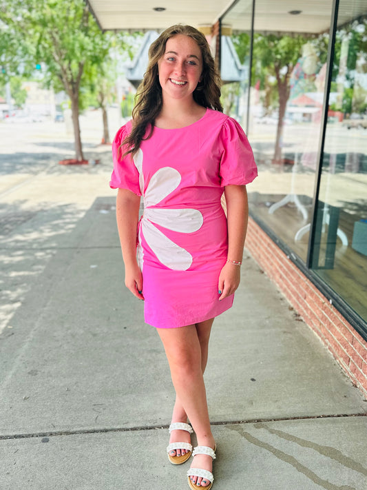 Pink/off white side cut out flower mini dress
