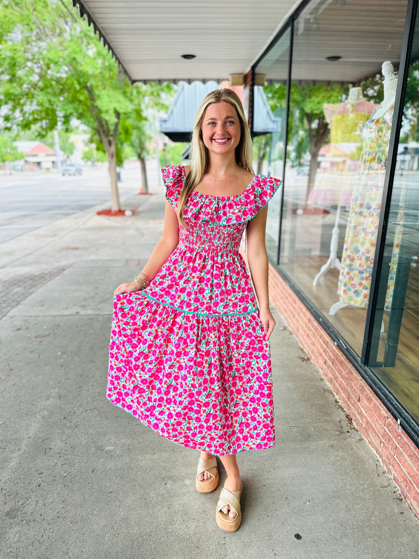 Pink Mint Trim Ruffle Midi Dress