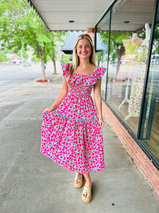 Pink Mint Trim Ruffle Midi Dress