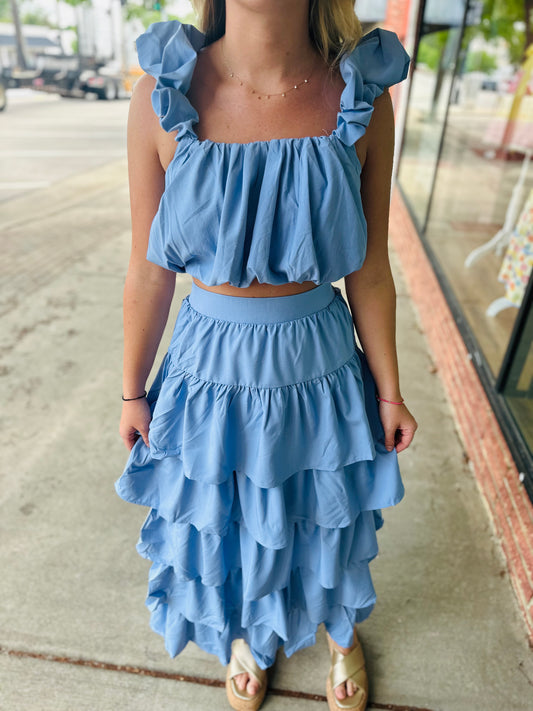 Blue Two Piece Tiered Skirt Set