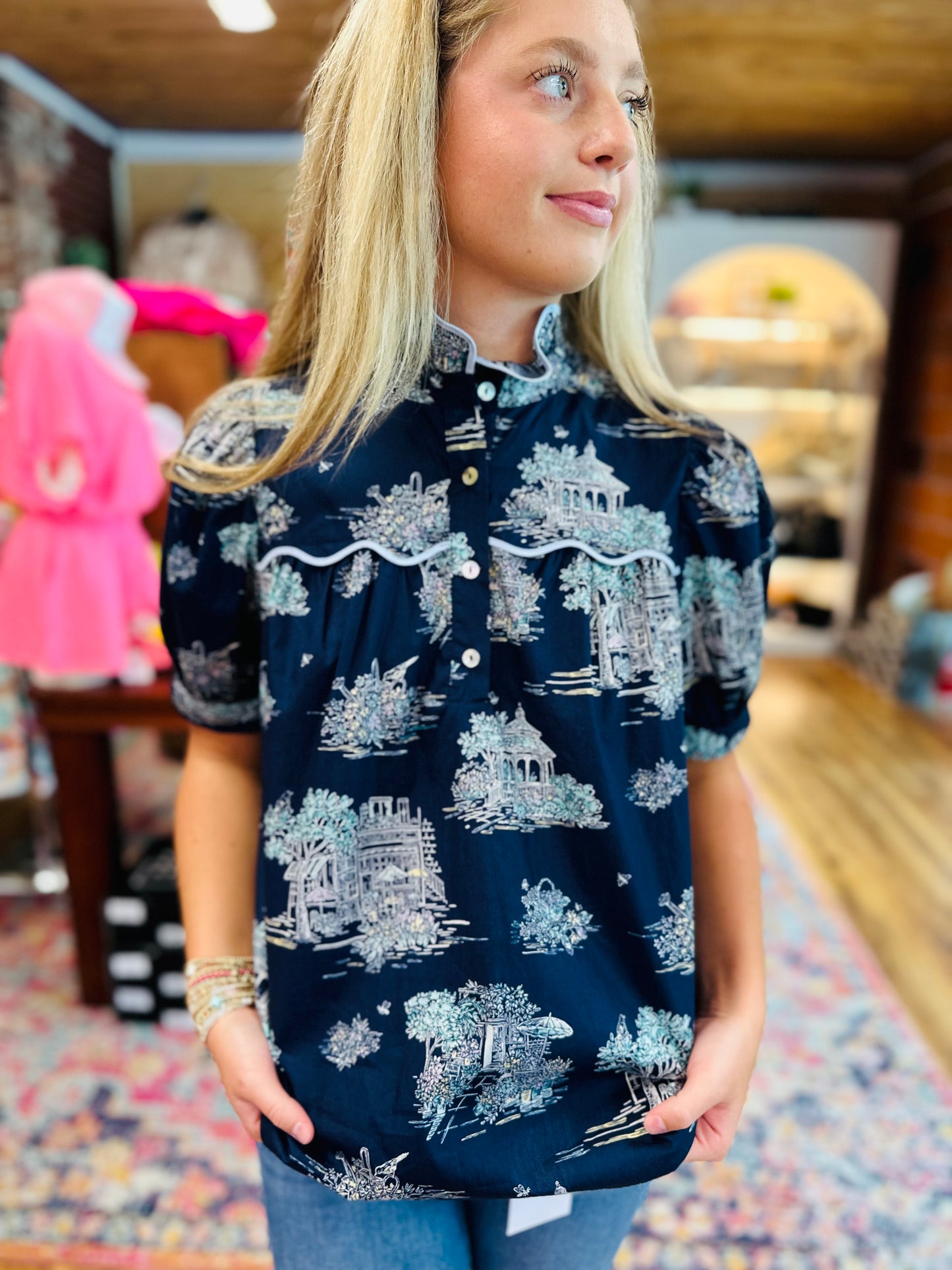 Navy Print Lt Blue Trim Top
