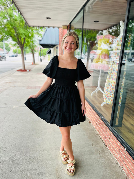 Black Smock Top Ruffle Dress