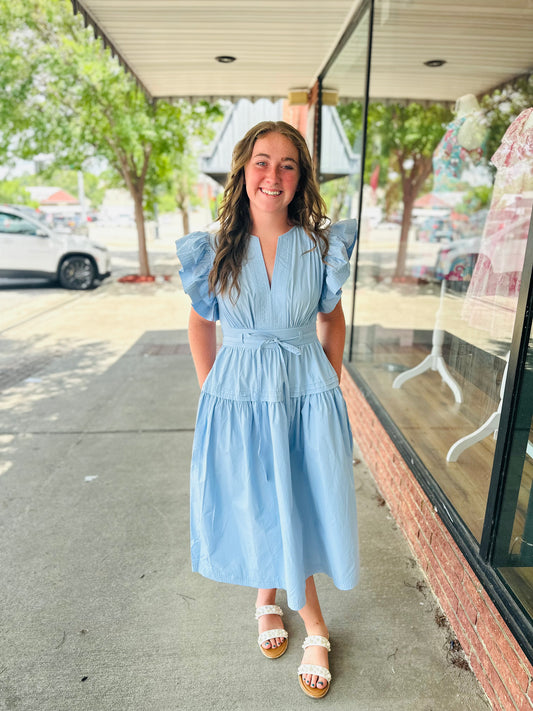 Chambray flutter sleeve poplin midi dress