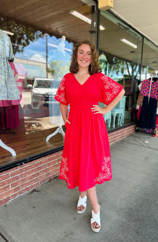 Red with white detail midi dress