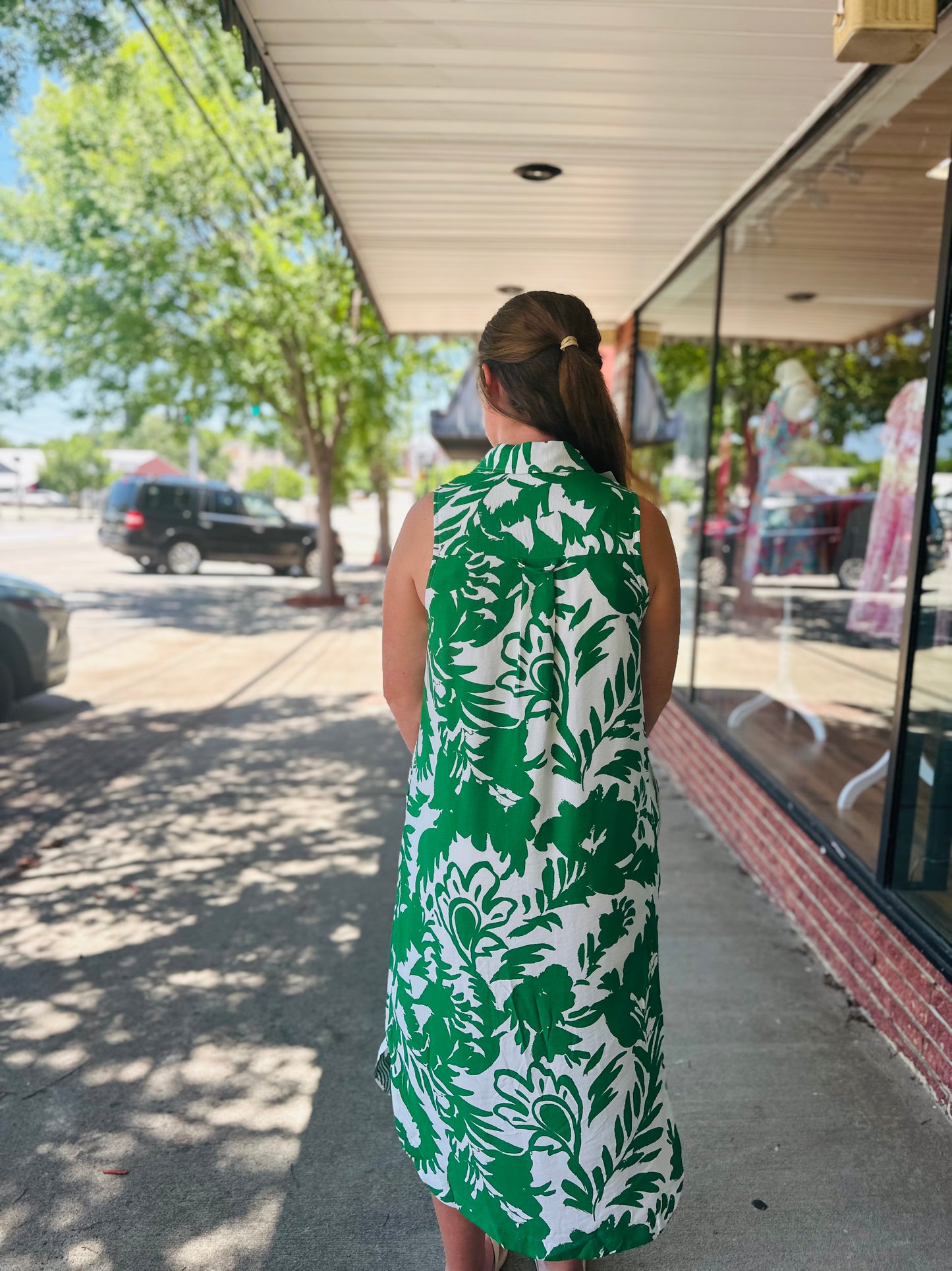 Green Floral Button Up Sleeveless Midi Dress