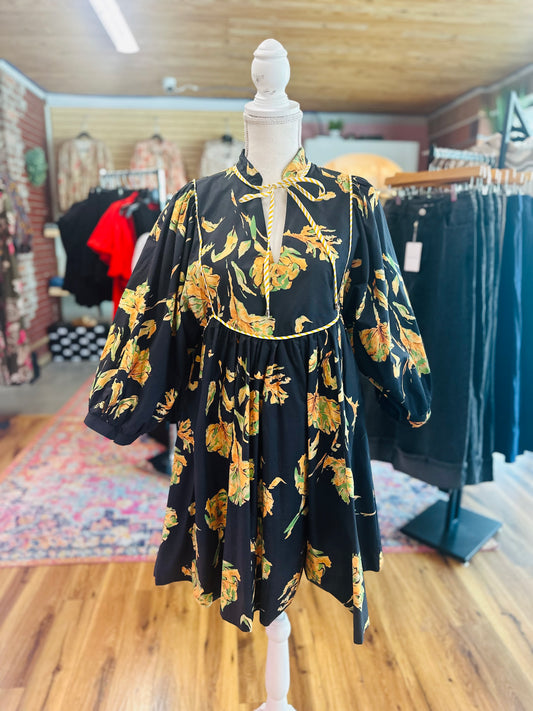 Black floral tie neck dress