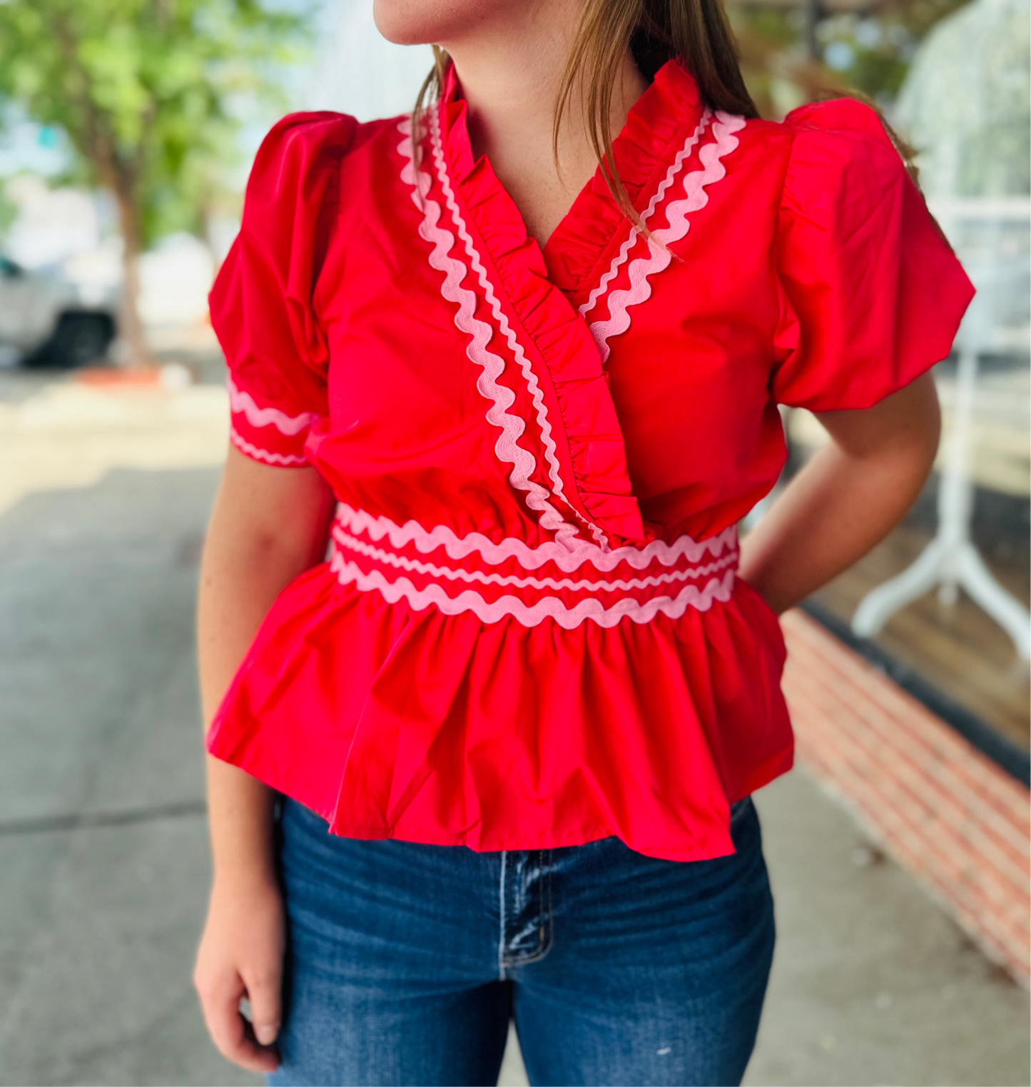 Red/pink cinched waist top