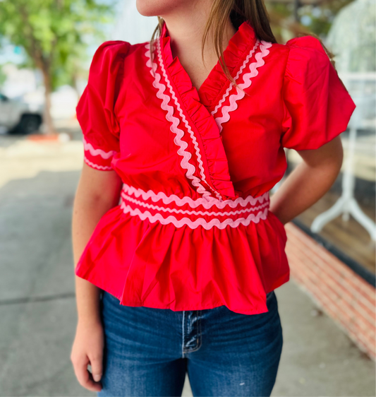 Red/pink cinched waist top