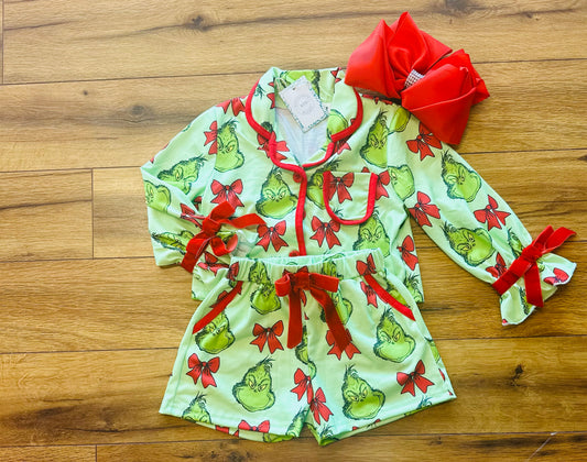 Kids Grinch Bow Short Pajamas