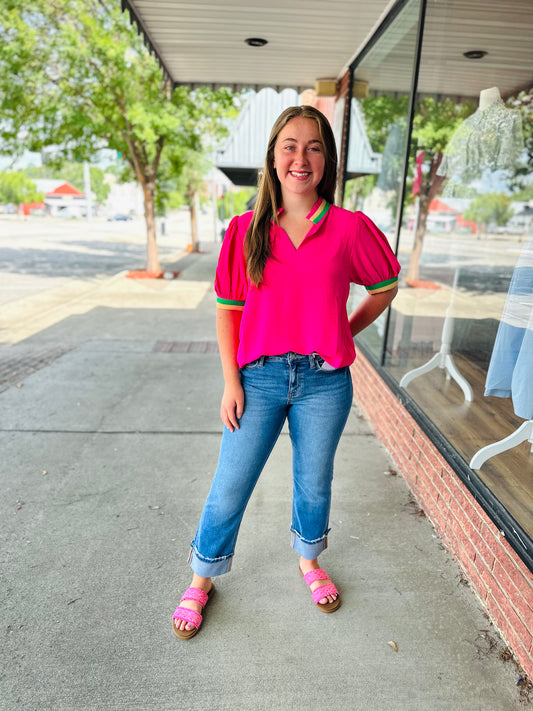 Hot pink collared vneck top