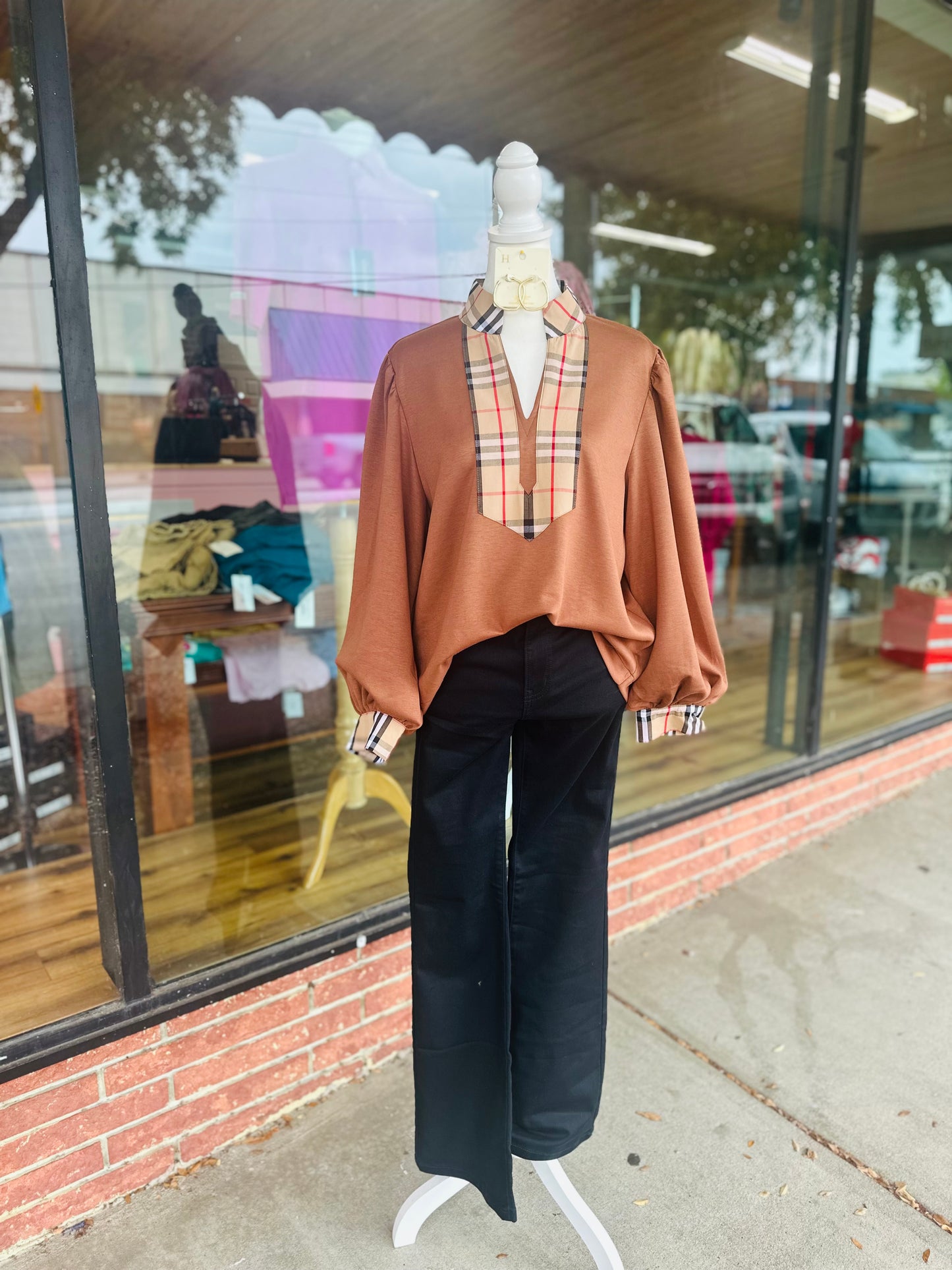 Brown Plaid Trim Top