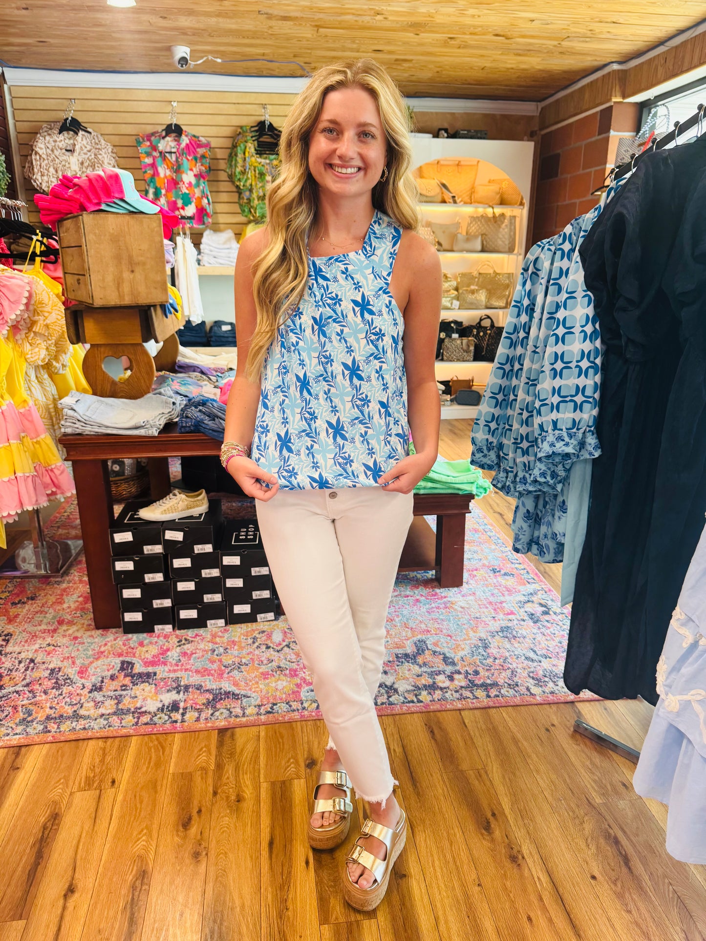 Blue Sleeve Less Floral Top