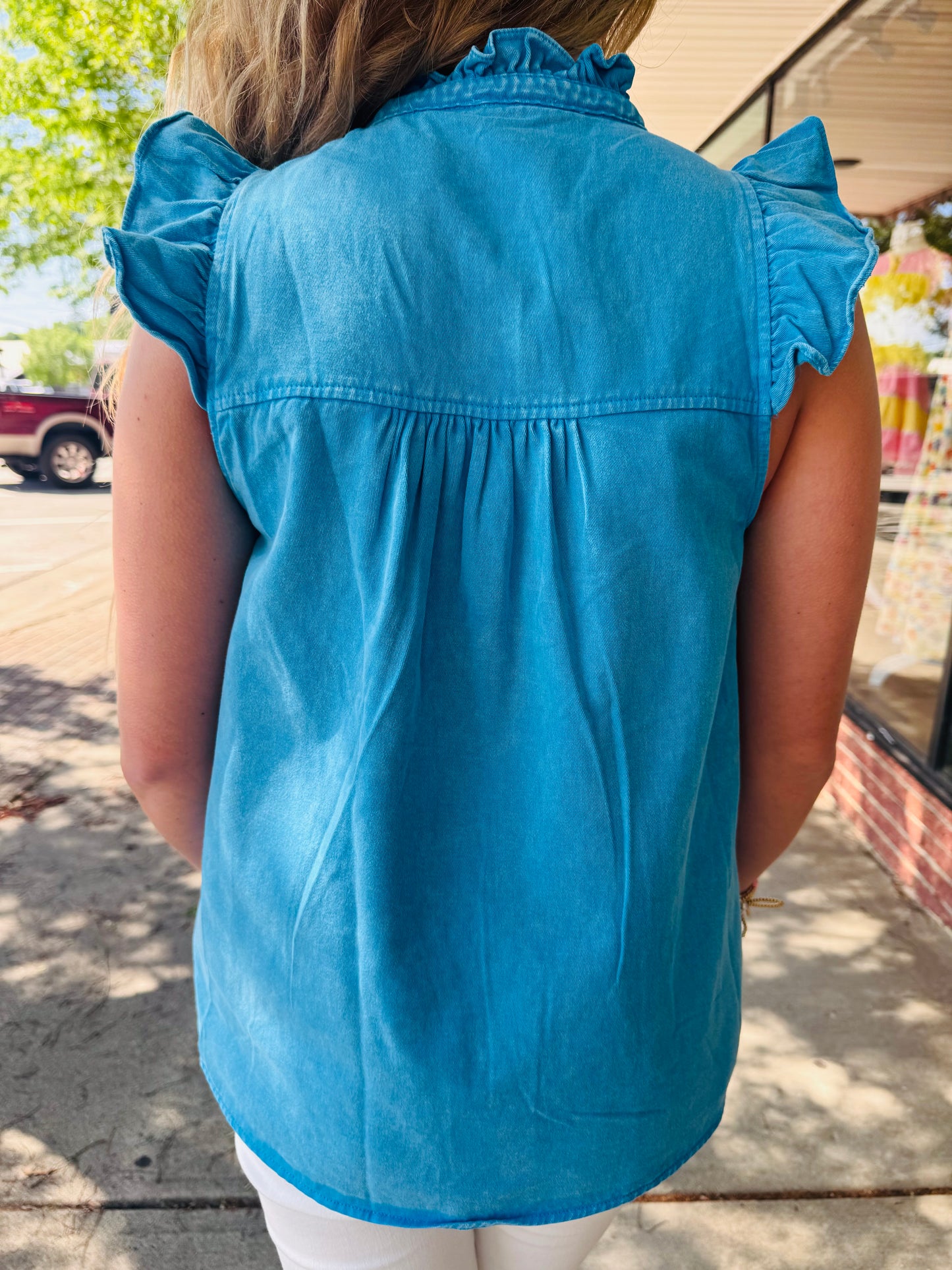 Blue Button Up Ruffle Top
