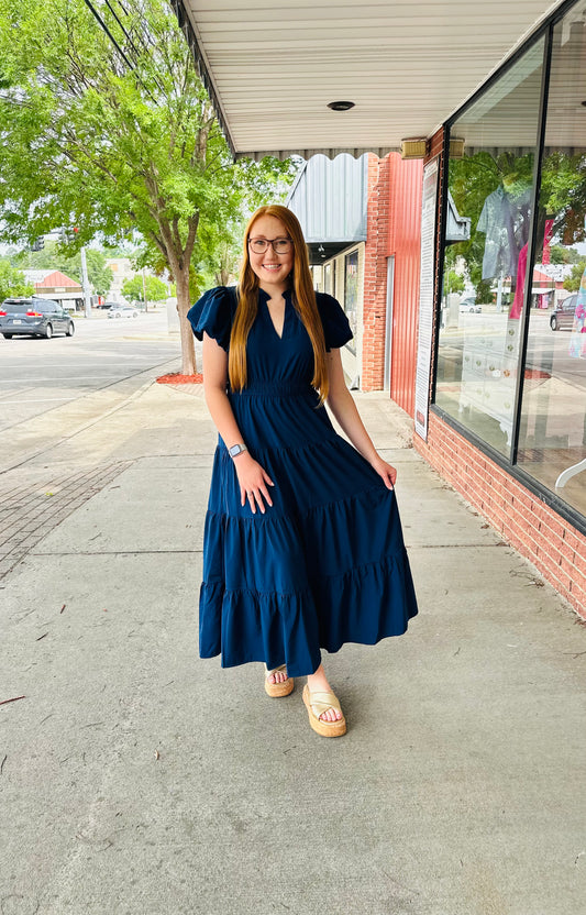 Navy Cinch Waist Puff Slv Dress