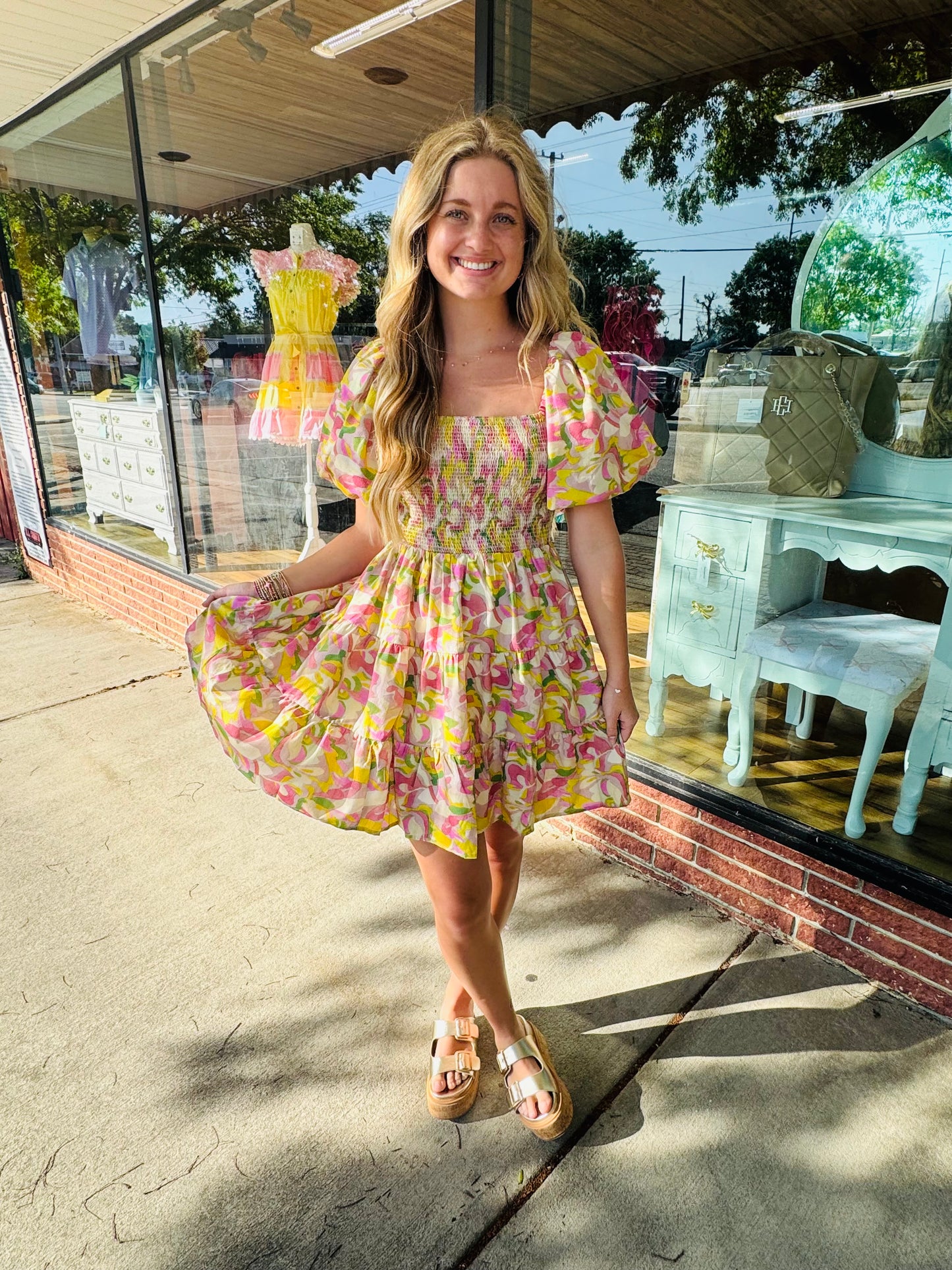 Pink Combo Puff Sleeve Mini Dress