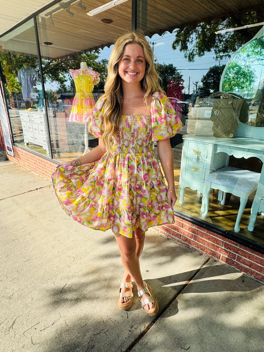 Pink Combo Puff Sleeve Mini Dress