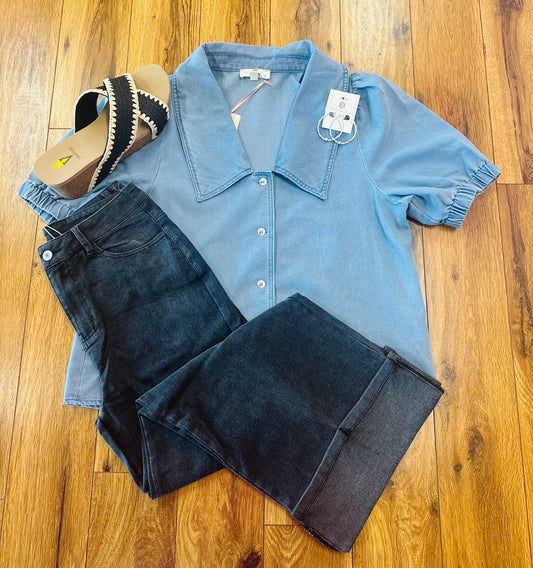 Denim Puff Sleeve Button Down Top