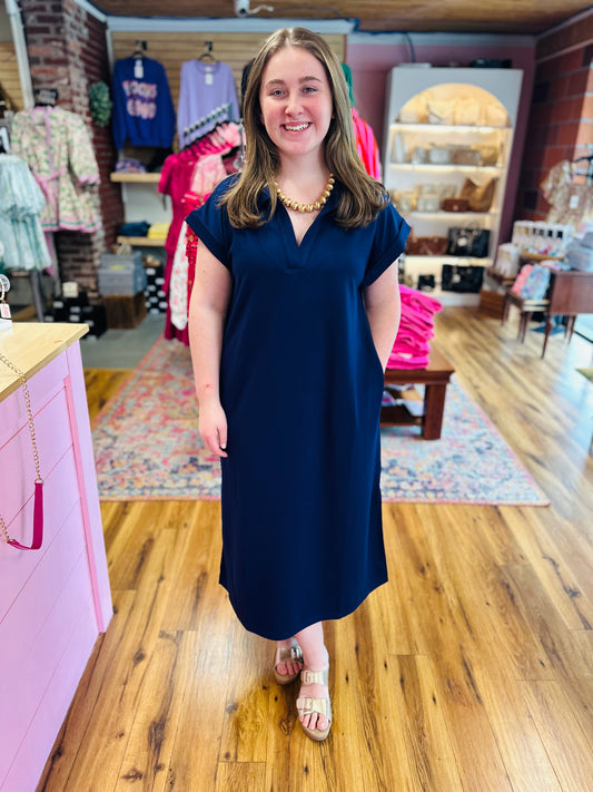 Simple V-neck Midi Dress