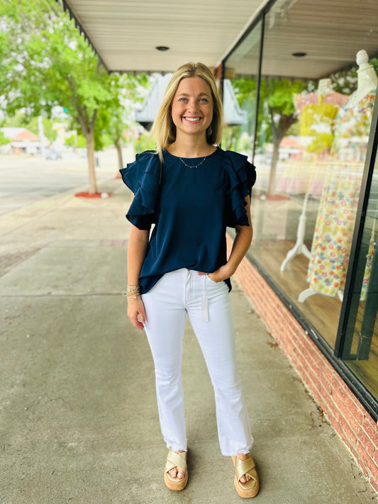 Navy Ruffle Sleeve Top