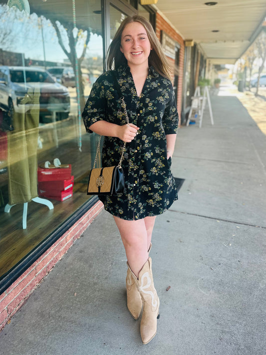 Black Floral Denim Dress