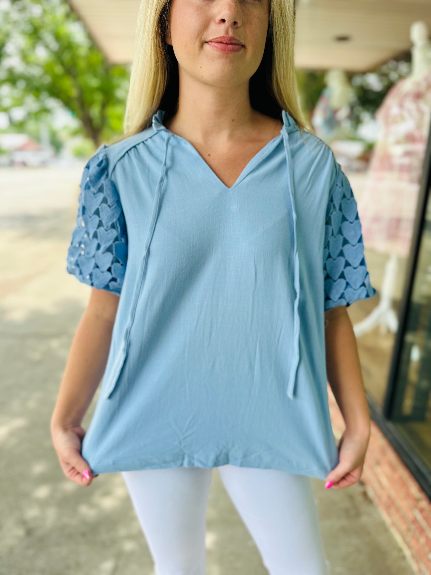 Baby Blue Puff Slv Tie Neck Top