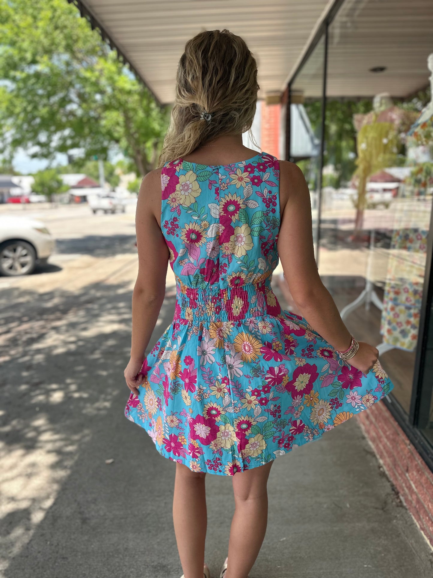 Aqua Floral Sleeveless Dress