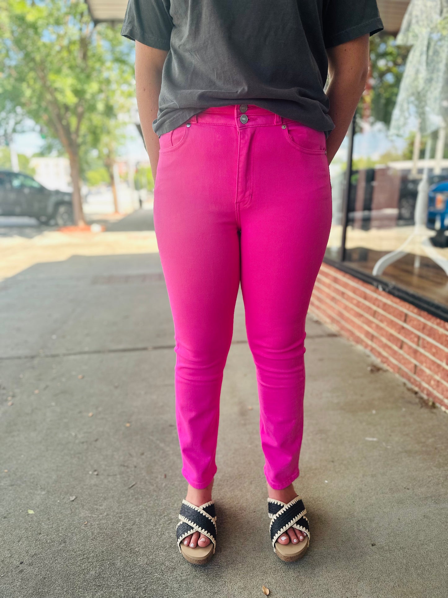 High Rise Slim Straight Hot Pink Jeans