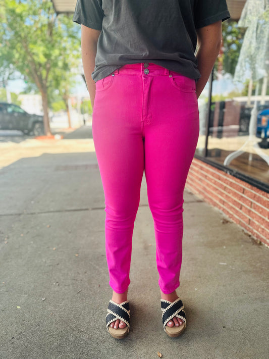 High Rise Slim Straight Hot Pink Jeans