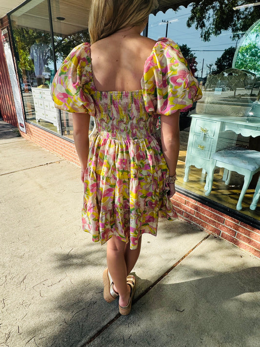 Pink Combo Puff Sleeve Mini Dress