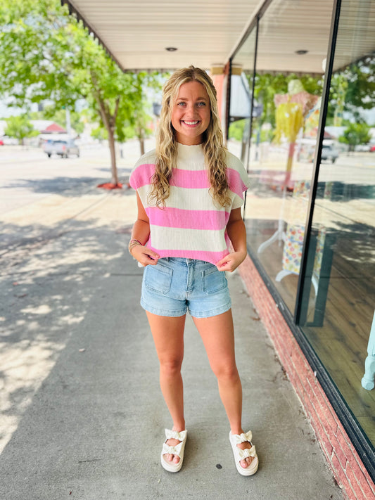 Pink/Off White Short Sleeve Top