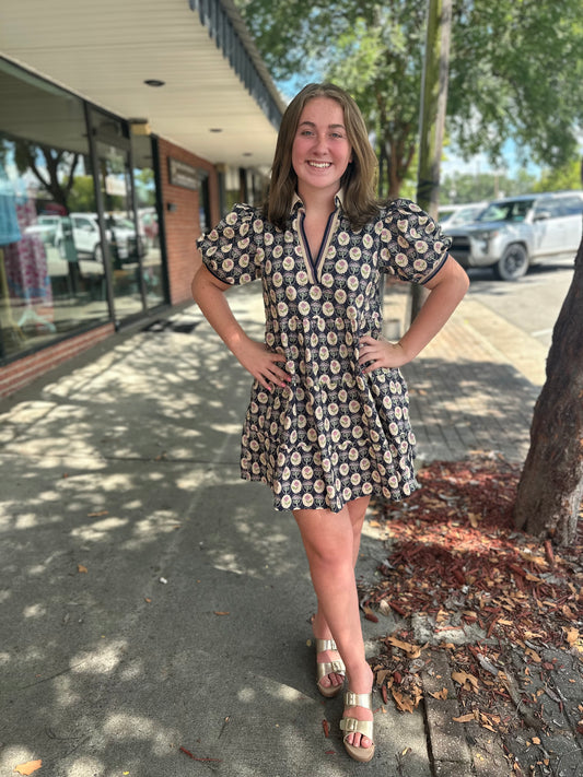 Navy/Tan/Pink Trim Dress