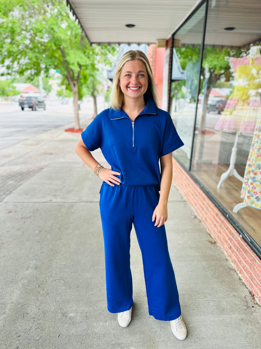 Royal Blue Short Sleeve Quarter Zip Pant Set