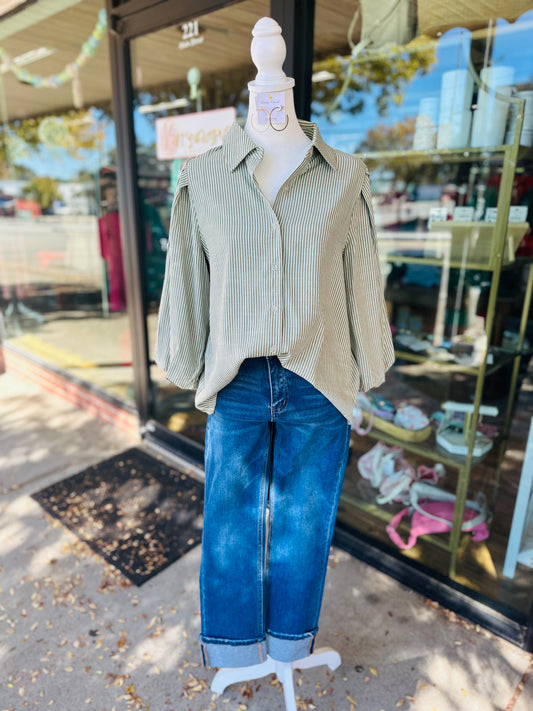 Mint Striped Puff Sleeve Top