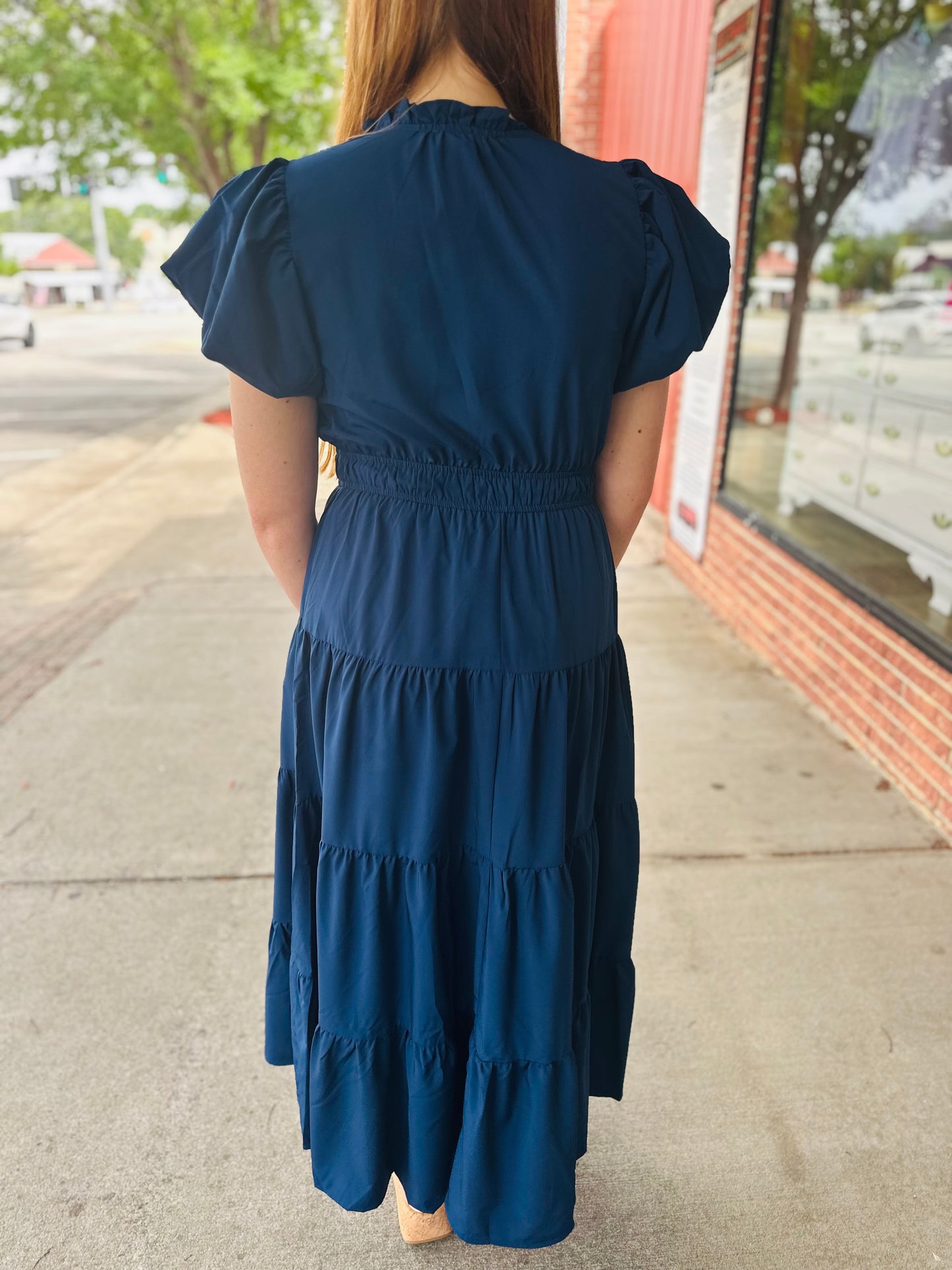 Navy Cinch Waist Puff Slv Dress