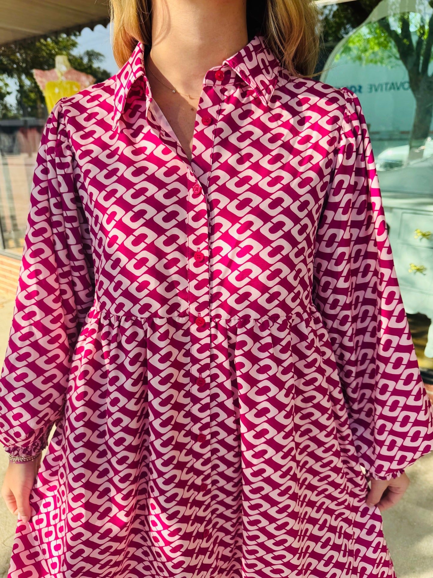 Magenta Puff Long Sleeve Mini Dress