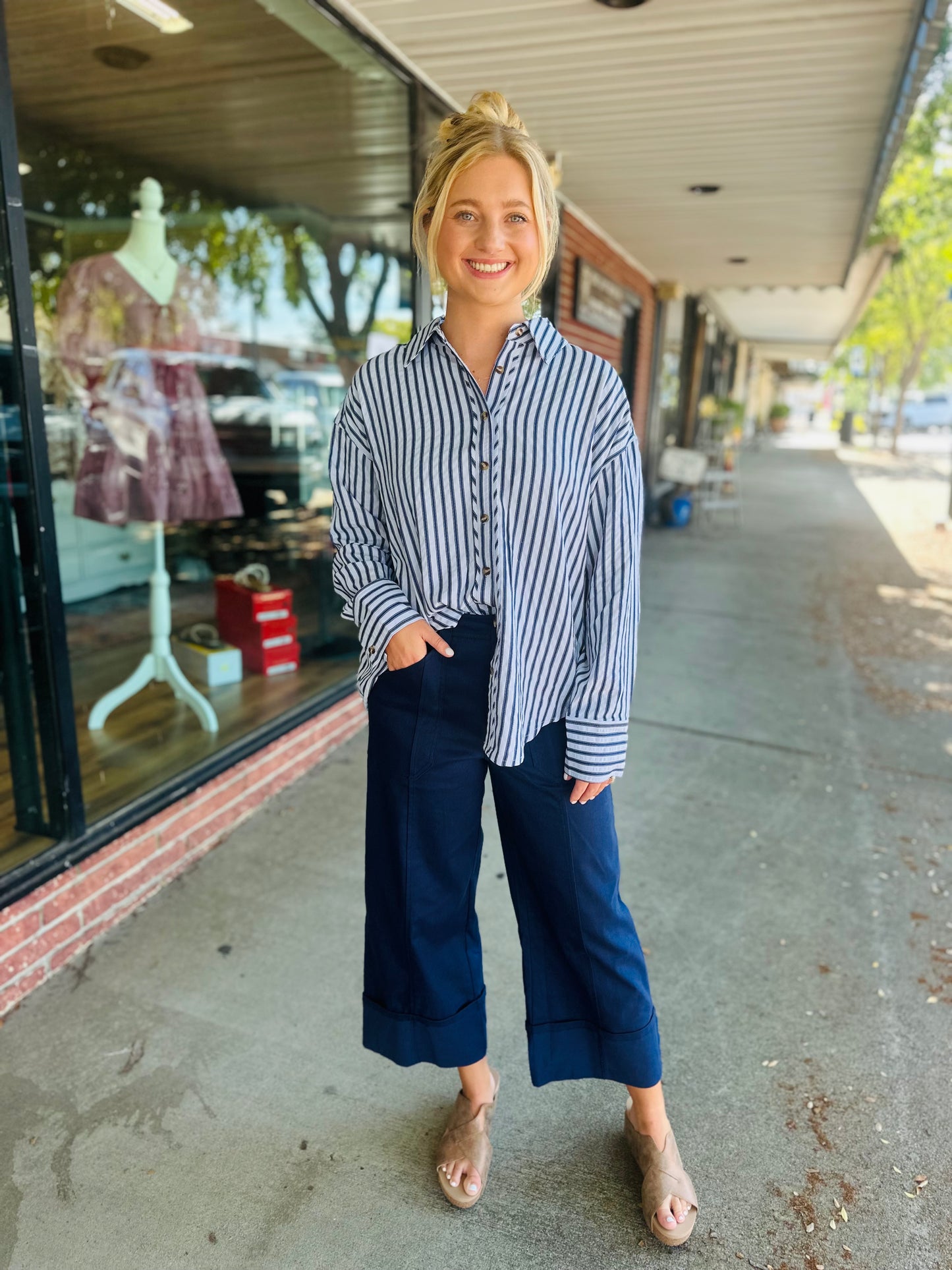 Chambray Striped Long Sleeve Top