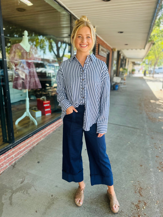 Chambray Striped Long Sleeve Top