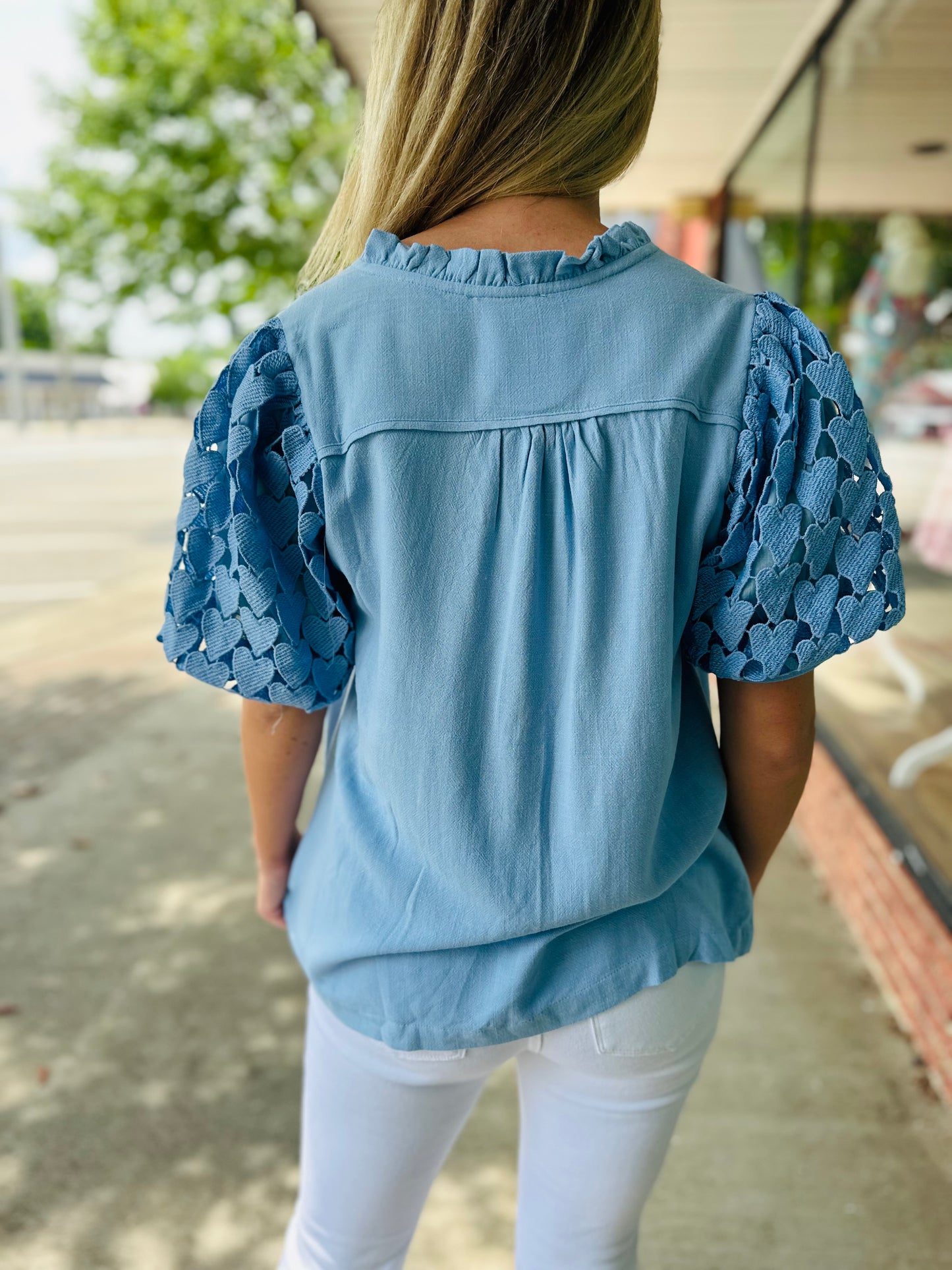 Baby Blue Puff Slv Tie Neck Top