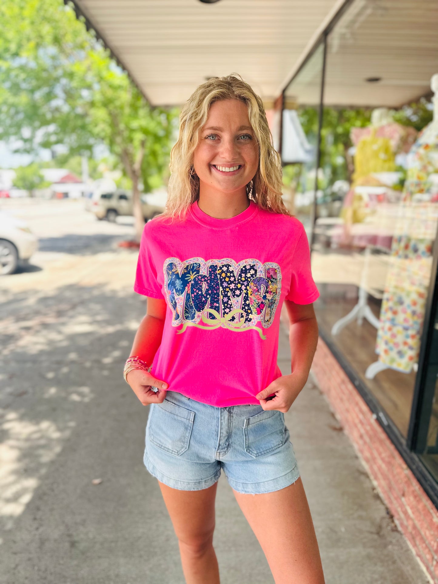 Neon Pink Floral Bow Mama Tshirt
