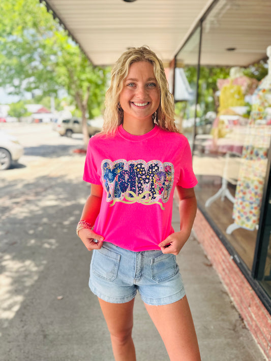 Neon Pink Floral Bow Mama Tshirt