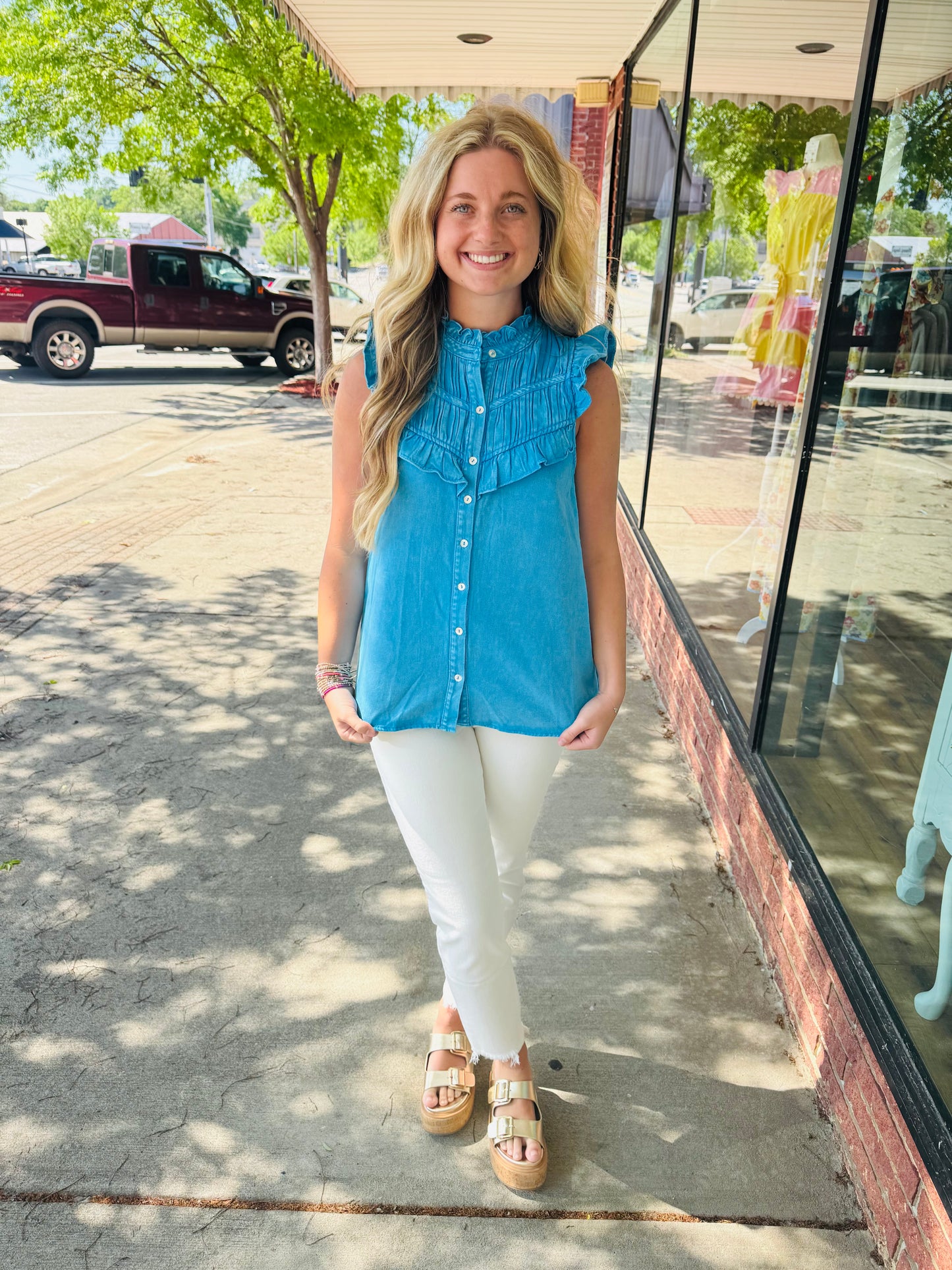 Blue Button Up Ruffle Top