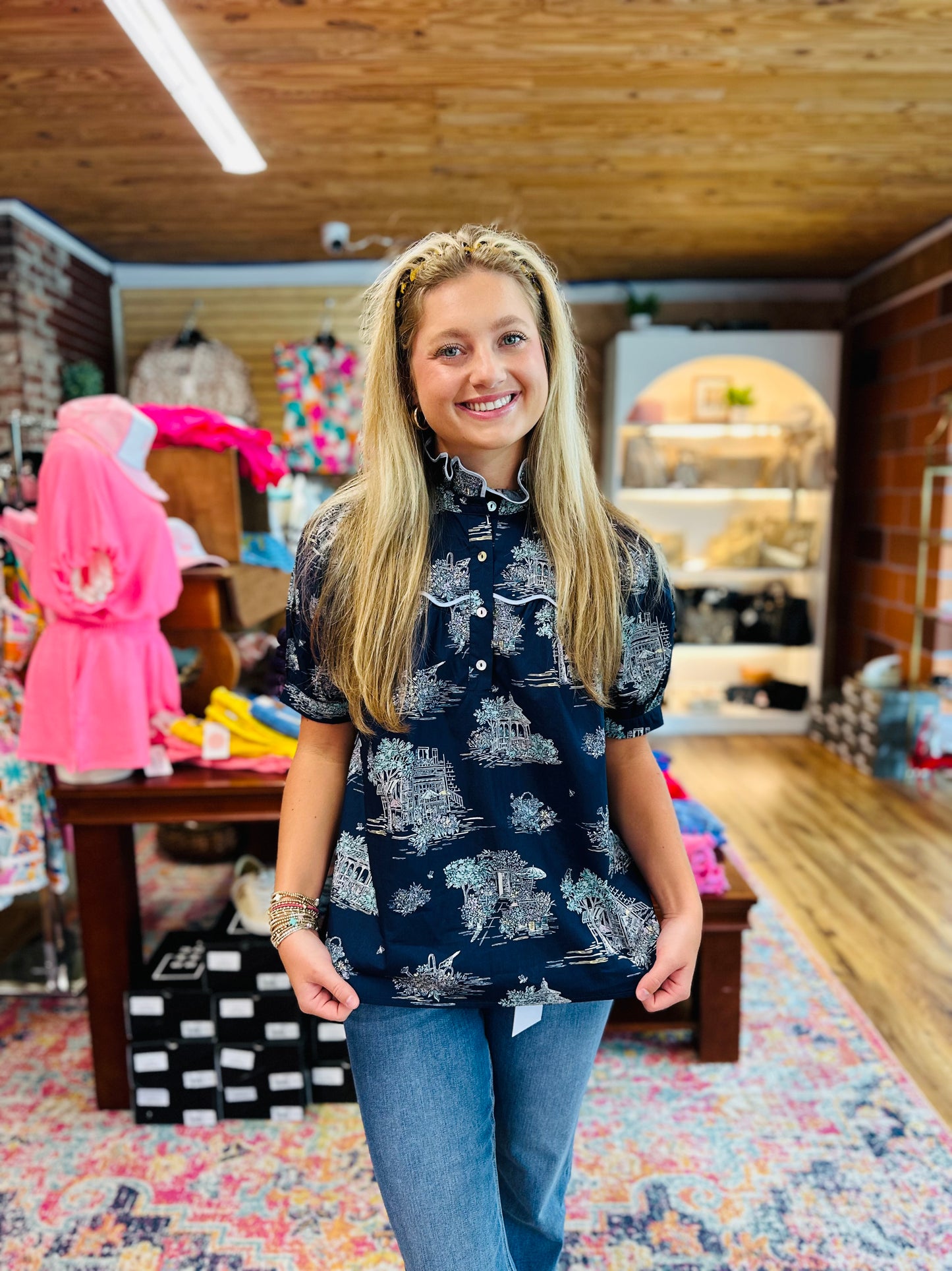 Navy Print Lt Blue Trim Top