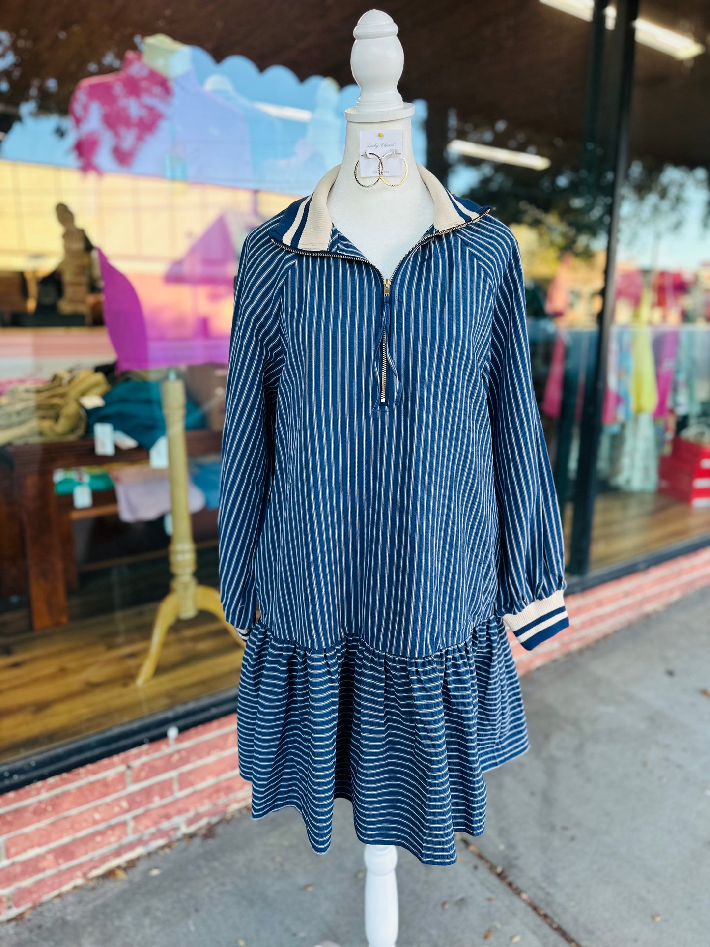 Navy Striped Peplum Hem Dress