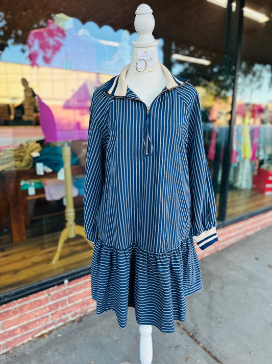 Navy Striped Peplum Hem Dress