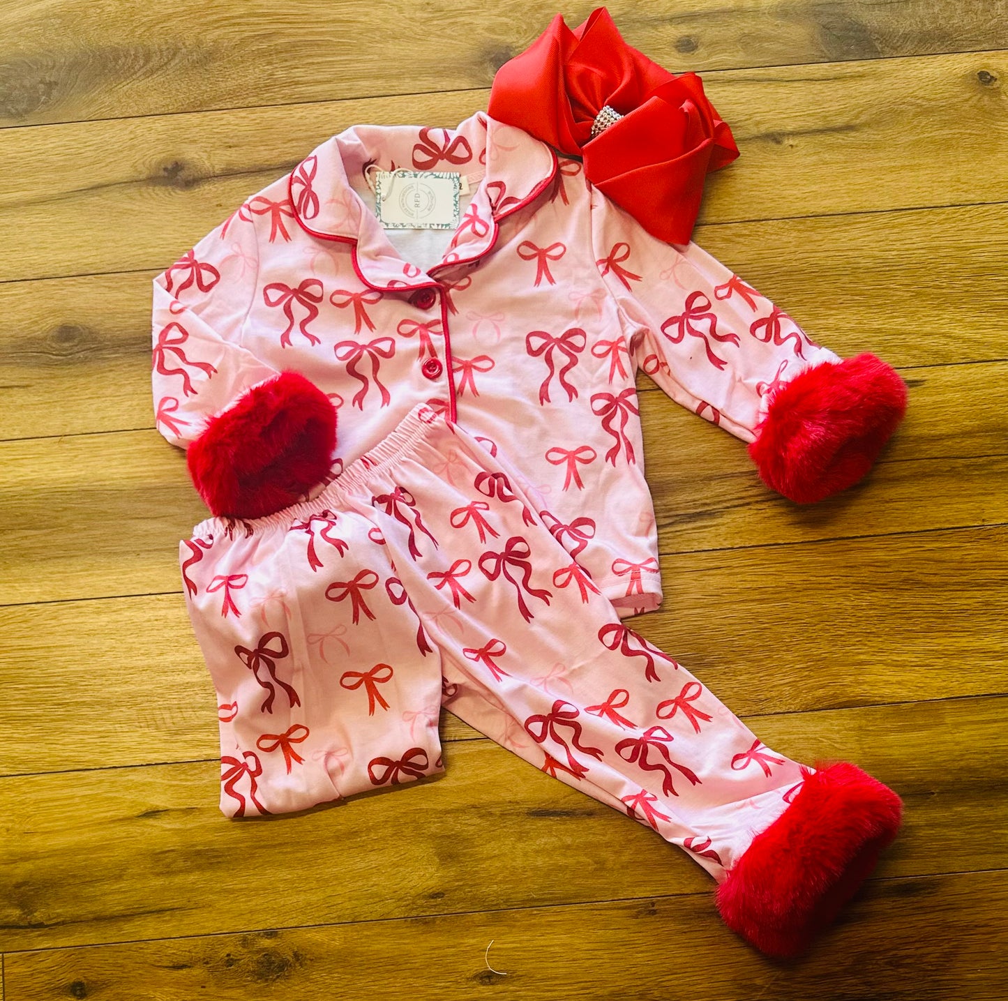 Kids Pink Bow Red Fur Trim Pajamas