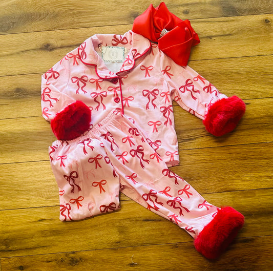 Kids Pink Bow Red Fur Trim Pajamas