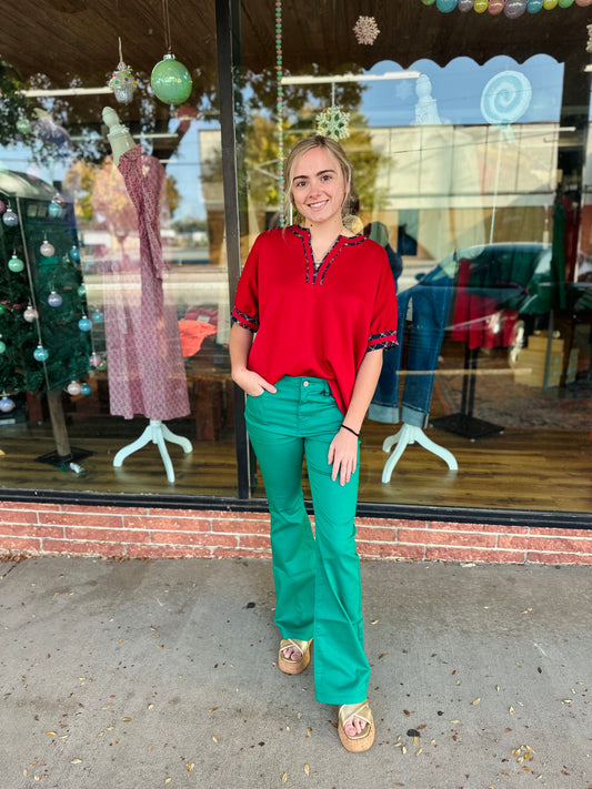 Red w/ Plaid Trim Short Sleeve